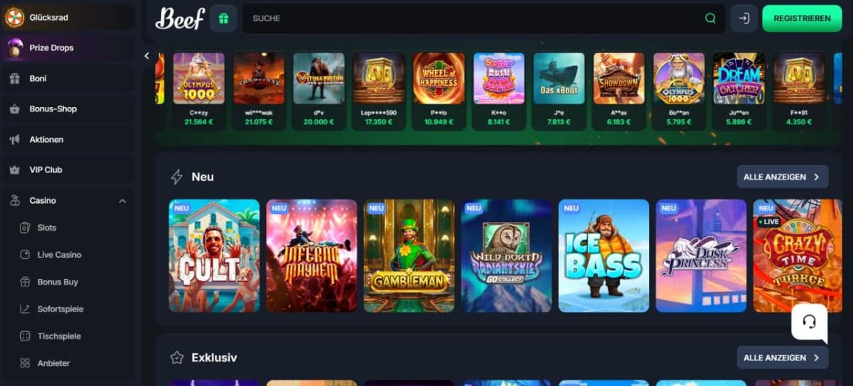 Screenshot des Beef Casino Lobbys auf einem Desktop mit verschiedenen Spielkategorien